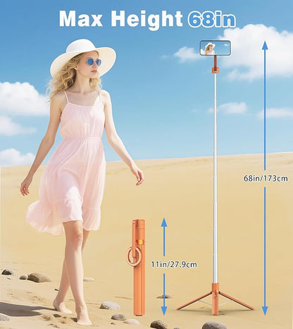 TONEOF 68" Magnetic Selfie Stick Tripod with Aluminum Strong Magnetic Holder for Magsafe, 360° Rotatable Travel Phone Tripod Stand with Metal Ring & Rechargeable Remote for iPhone/Android（Orange）
