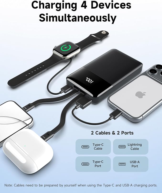 Portable Charger, 10000mAh Power Bank 22.5W PD, Built-in Cables for iPhone | Built-in Lightning & USB-C cables, 22.5W fast output, 18W input, charge 4 devices at once, compact design, 18-month warranty.