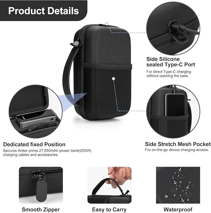 Case for Anker Prime 27,650mAh 250W / 25,000mAh 165W Power Bank,Battery Charging Station Hard Case Travel Carrying Storage Holder Protective Cover for USB-C Charger With Type-C Cable Hole+Side Storage