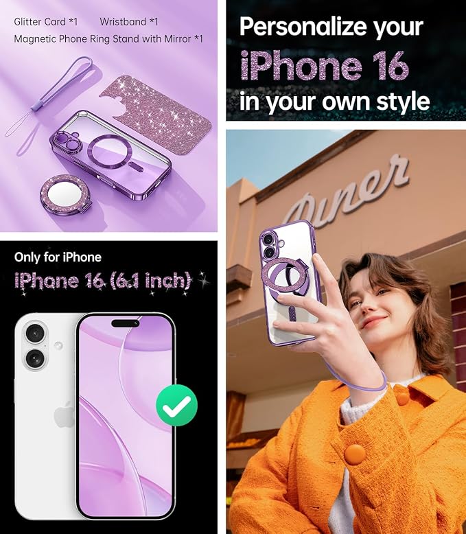 Meifigno Magnetic Case with Removable Phone Ring Stand for iPhone 16 6.1", [Glitter Card & Wrist Strap] [MagSafe Compatible] [Built in Mirror] Magnetic Phone Ring Holder + 16 Case Kit, Purple