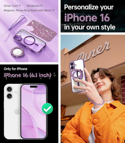 Meifigno Magnetic Case with Removable Phone Ring Stand for iPhone 16 6.1", [Glitter Card & Wrist Strap] [MagSafe Compatible] [Built in Mirror] Magnetic Phone Ring Holder + 16 Case Kit, Purple