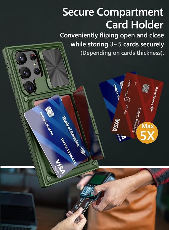 Vihibii for Samsung Galaxy S23 Ultra Case with Card Holder (4 Cards) & Sliding Camera Cover & Kickstand, Shockproof Rugged Hard Back & TPU Edge Wallet Case for Galaxy S23 Ultra 5G 6.8" 2023, Green