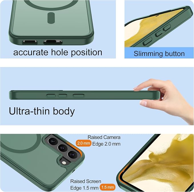 Pilaru for Samsung Galaxy S22 Case [Compatible with Magsafe] Translucent Matte Magnetic Phone Case,Slim Thin Duty Shockproof Protection Cover with 2pc HD Screen Protector-Dark Green