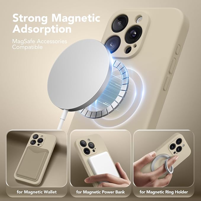 Magnetic for iPhone 15 Pro Case, Compatible with MagSafe, [Full Camera Protection][Screen Protector] Silicone Shockproof Protective Phone Case for iPhone 15 Pro 6.1", Khaki