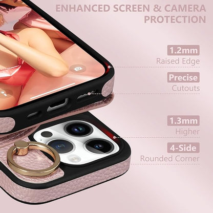 Keallce Wallet Case for iPhone 16 Pro 6.3'', Flip Case with Card Slots, Ring Holder Kickstand, PU Leather Protective Folio Cover for Women, Rosegold