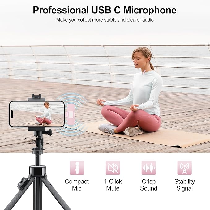 PoP voice Pink Wireless Lavalier Microphone for iPhone/Android - Mini Clip-On Mic with Noise Cancellation, 65ft Range, 12H Battery, Lapel Mic for Record Video, Podcast Vlog Content Creator Interview