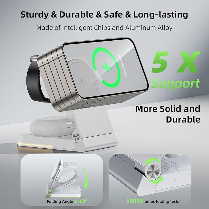 Foldable Wireless Charger 3 in 1 - Magnetic Wireless Charging Station for Apple Magsafe Charger Stand with Light,Aluminum Portable Travel Charger Dock for iPhone 17/16/15/14/13/12,Apple Watch,AirPods