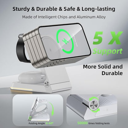 Foldable Wireless Charger 3 in 1 - Magnetic Wireless Charging Station for Apple Magsafe Charger Stand with Light,Aluminum Portable Travel Charger Dock for iPhone 17/16/15/14/13/12,Apple Watch,AirPods