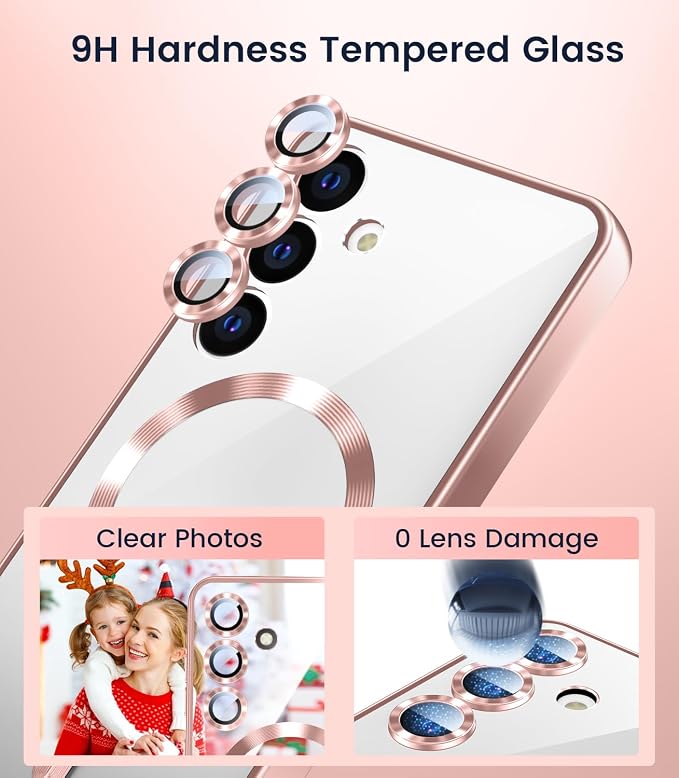 Slim Thin for Samsung Galaxy S25 Case 6.2'', Compatible with MagSafe, Built-in Camera Lens Protector, Shockproof Protective Phone Case, Soft Electroplated Clear Phone Cover, Rose Gold