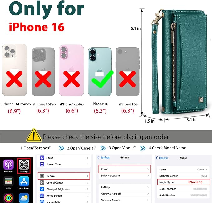 Wallet Case for iPhone 16 with Card Holder/Crossbody Wallet/Strap| RFID Blocking | Magnetic | Kickstand | Detachable | PU Leather Phone Case for iPhone 16,6.1 in,Green