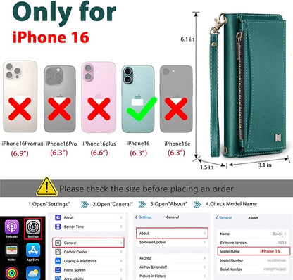 Wallet Case for iPhone 16 with Card Holder/Crossbody Wallet/Strap| RFID Blocking | Magnetic | Kickstand | Detachable | PU Leather Phone Case for iPhone 16,6.1 in,Green