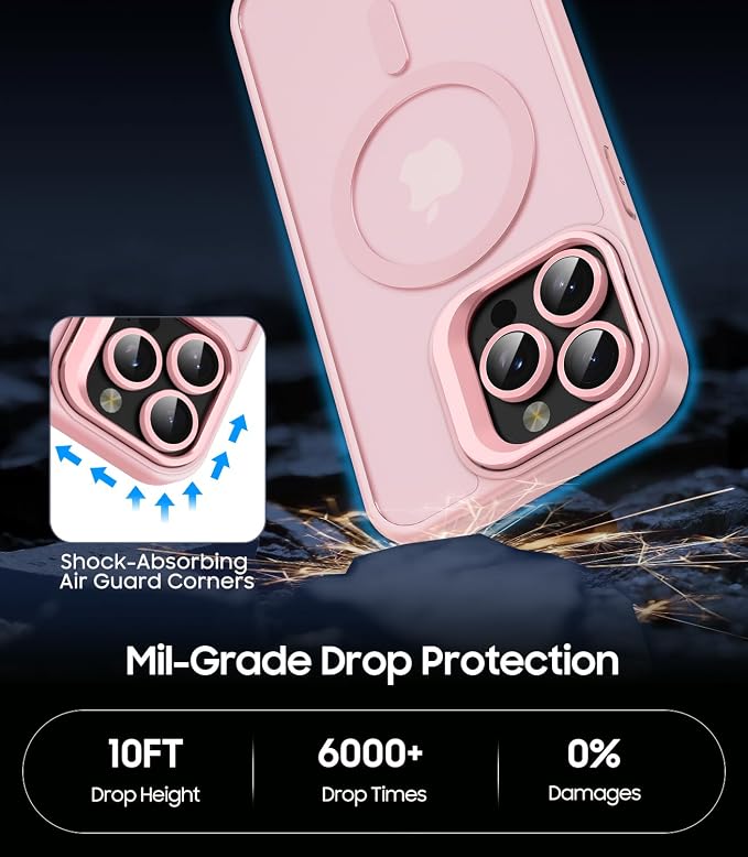 for iPhone 14 Pro Max Case, Compatible with MagSafe, Built-in Camera Ring Stand, with Individual Camera Cover, Translucent Matte Military-Grade Drop Protection Magnetic Case, Pink