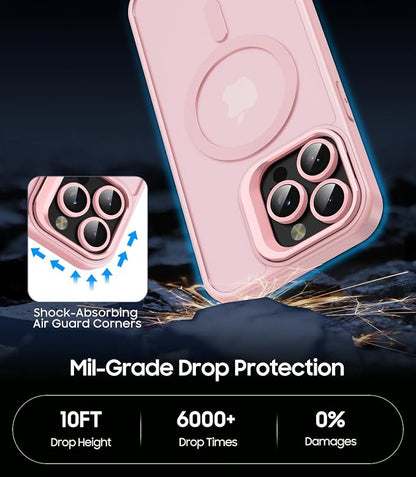 for iPhone 14 Pro Max Case, Compatible with MagSafe, Built-in Camera Ring Stand, with Individual Camera Cover, Translucent Matte Military-Grade Drop Protection Magnetic Case, Pink