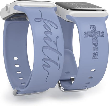Faith with Cross Watch Band Compatible with Apple Watch Laser Engraved Silicone 38mm 40mm 41mm 42mm 44mm 45mm 46mm 49mm Strap Jesus Psalm Christian God Blessed (Lavender Grey, 38/40/41mm S/M)