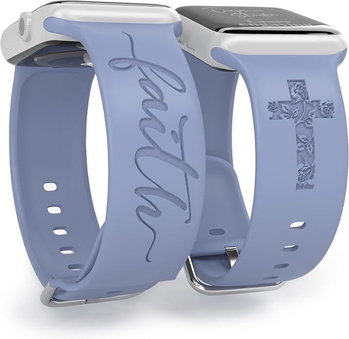 Faith with Cross Watch Band Compatible with Apple Watch Laser Engraved Silicone 38mm 40mm 41mm 42mm 44mm 45mm 46mm 49mm Strap Jesus Psalm Christian God Blessed (Lavender Grey, 42/44/45/46/49mm S/M)