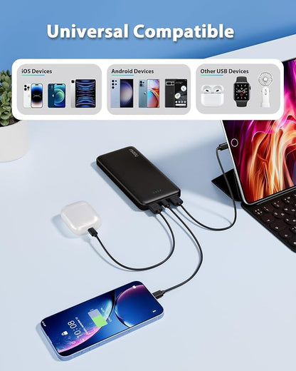 Miady 2-Pack Portable Charger 10000mAh Power Bank Battery Pack for Travel | 37Wh丨Dual USB丨3 Outputs 2 Inputs丨Slim丨Compatible with iPhone 17 16 Galaxy S24 Android Tablets etc丨Flight-Safe丨Black+White