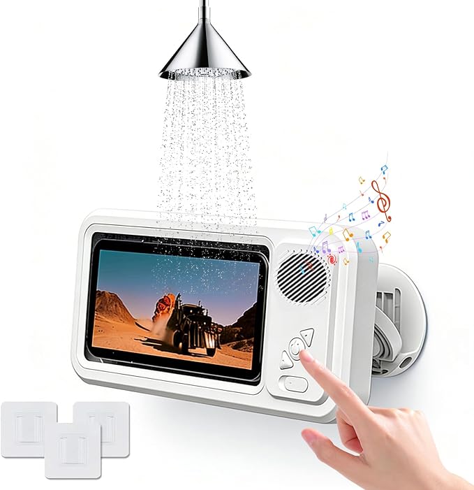 2026 Waterproof Phone Holder for Shower with Bluetooth Speaker,360° Rotatable Mount with Volume Adjustment Button,Shower Phone Holder Waterproof for 4" - 7" Cell Phone