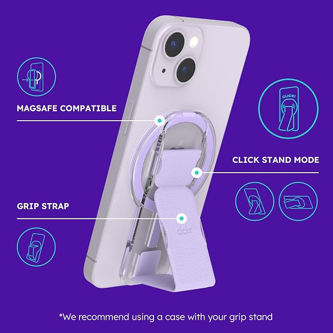 CLCKR for MagSafe Phone Grip for MagSafe Kickstand for Mag Safe Finger Loop, 3-in1 Phone Ring Holder Strap for Mag Safe iPhone 17/16/15/14/13/12 Series, Galaxy S25/S24/S23/S22, Pixel - Lilac