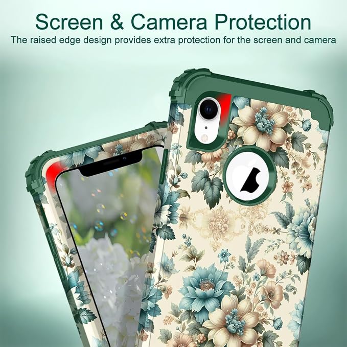 Hocase for iPhone XR Case, Heavy Duty Shockproof Protection Soft Silicone Rubber+Hard Plastic Bumper Hybrid Dual Layer Protective Case for iPhone XR (6.1" Display) 2018 - Teal Blue Flowers