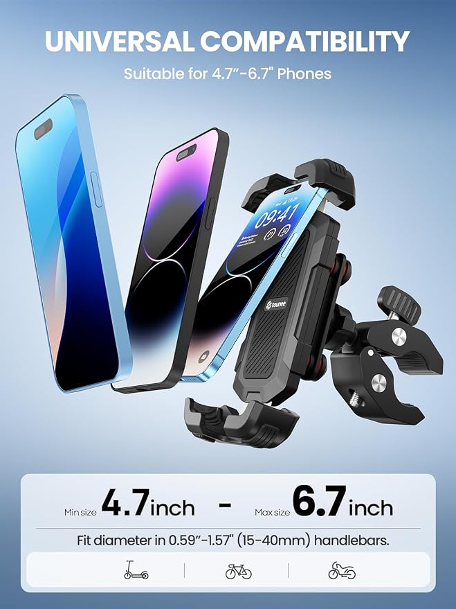 tounee Motorcycle Phone Holder Mount -Dual Vibration Dampener, Tool-Free Bike Phone Holder Handlebar Clip & Secure Lock for iPhone 16/15 Pro Max, 4.7-6.7" Phones - Black