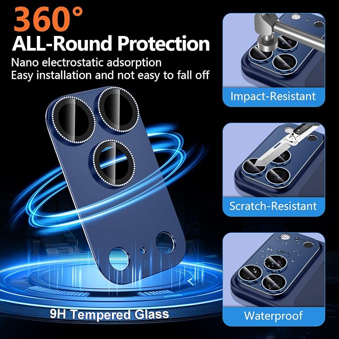 for iPhone 17 Pro Camera Lens Protector, [Military Grade Shatterproof] [Strong Adsorption] [Case Friendly] Full Coverage Metal Aluminum Alloy 9H Tempered Glass Camera Screen Cover, Navy Blue