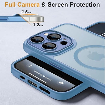 ROYBENS for iPhone 14 Pro-Max Matte Clear Case Compatible with Magsafe, Full Camera Lens Protection, Screen Protector, Wrist Strap, Translucent Magnetic Slim Hard Protective Phone Cover, Blue