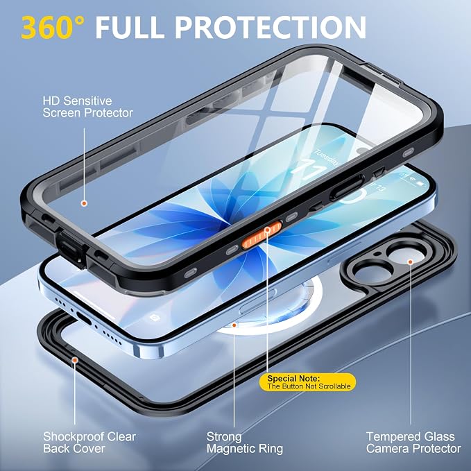 Red2Fire for iPhone 17 Case Waterproof, [Built-in Screen Protector & Camera Protector][Compatible with MagSafe][Full Body Shockproof][IP68 Waterproof][Dustproof] Phone Case 6.3" Black/Clear