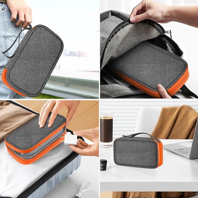 ZINMARK Portable Cable Organizer Case,Travel Pouch with Double-Layer Storage for Cables,Chargers,Earbuds & Phone,Dark Gray Orange