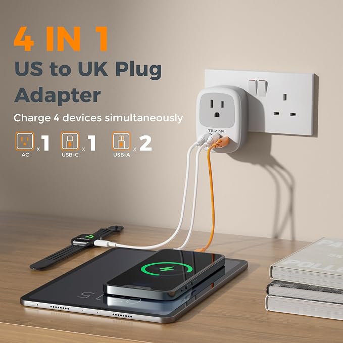 TESSAN US to UK Plug Adapter, Type‑G Adaptor 3‑Pack | 3 USB Ports (1 USB‑C), for Ireland Scotland Dubai Hong Kong Kenya London England