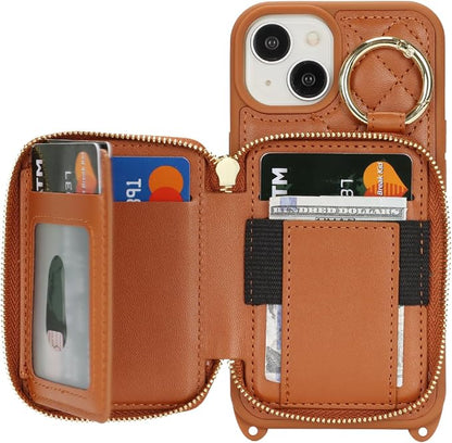 Crossbody Wallet Case for iPhone 14, PU Leather Zipper Handbag Purse Flip Cover, Kickstand Folio Case with Card Slots Holder Wrist Strap Lanyard 5G 6.1 Inch-Brown