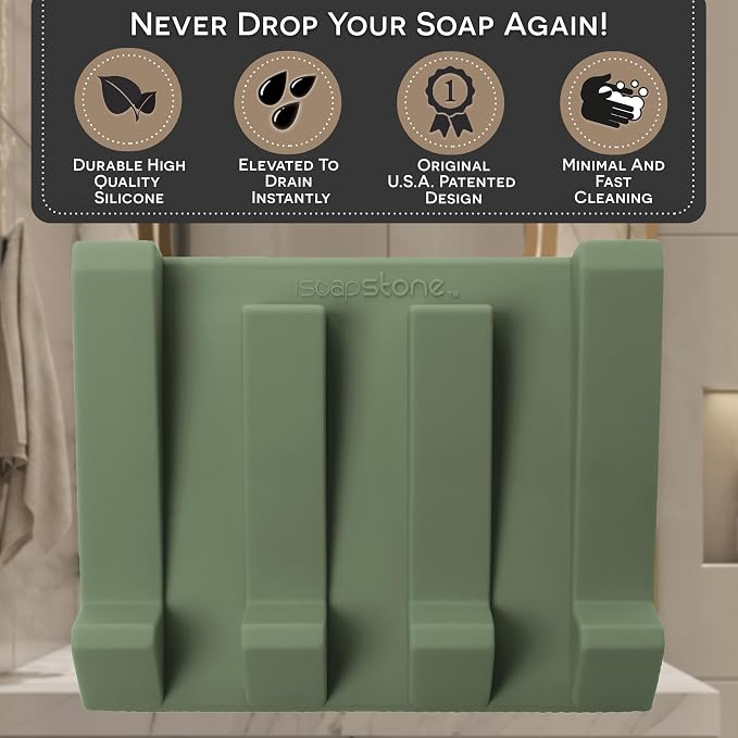 Silicone Soap Dish (USA Patented) Self Draining Bar Soap Holder for Shower Bathroom Sink, Drying Soap Dish Tray Kitchen Sponge Holder Easy Cleaning Soap Saver Mat (Eco Green, 1)