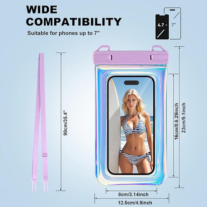 Waterproof Phone Pouch, IPX8 Floating Waterproof Phone Case Fits 7″Phones, Glitter Letter and Adjustable Neck/Crossbody Strap Design, Cruise Ship Travel Beach Essentials（ Iridescent Purple