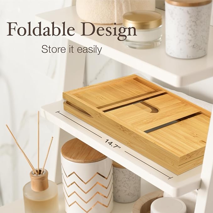 Personalized Bathtub Tray - Engraved Foldable Bamboo Bath Caddy, Tub Tray with Expandable Sides, Luxury Wooden Bath Table for Relaxation Spa - Customized Gift for Mom, Wife, New Home