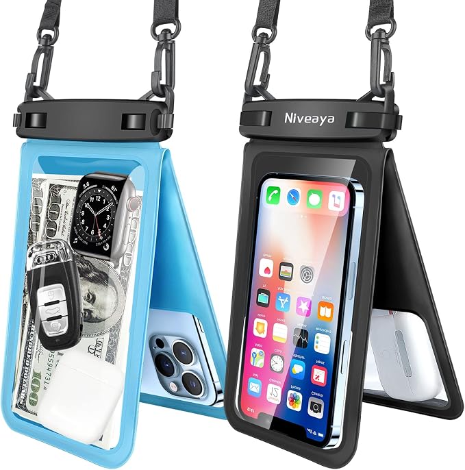Niveaya Double Space Waterproof Phone Pouch - 2 Pack, Waterproof Phone Lanyard Case with iPhone 17/16/15/14/13 Pro Max up to 8.3", Phone Dry Bags for Vacation Beach Pool Kayak Cruise Travel Essentials