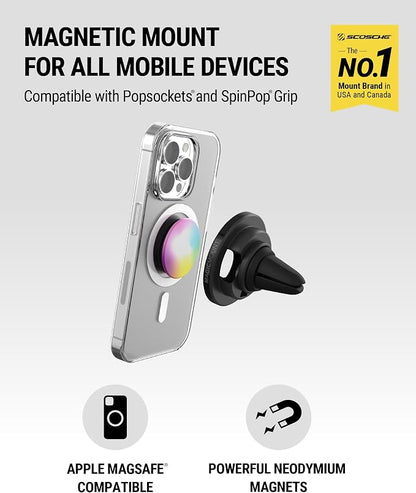 Scosche MagSafe Car Mount, Magnetic Phone Holder for Car Dashboard & Vent with 360° Rotation, 2-in-1 Cell Phone Mount for iPhone 17/16/15/14/13 & More w/MagicRing Adapter, Compatible with PopSockets