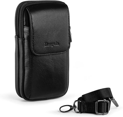 Hengwin Leather Phone Pouch Fits for iPhone 16 Pro Max 15 Plus 14 Pro Max 13 Pro Max 12 Pro Max Samsung Galaxy S24 Ultra S23 Ultra S22 Ultra Holster Belt Clip Case Crossbody Purse Shoulder Bag (Black)