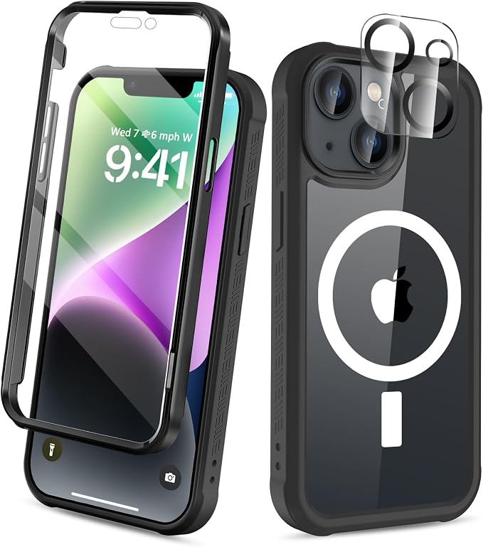 Compatible with iPhone 14 Plus Case, Built-in Screen Protector, with Camera Lens Protector, [Compatible with MagSafe] Full Body Phone Case, Magnetic Protective Cover for 14Plus 6.7" (Black)