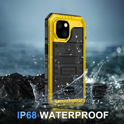 Beasyjoy for iPhone 15 Case Waterproof, Metal Heavy Duty Full Body Protective Case with Built-in Screen Protector, Military Grade Shockproof Dustproof Defender Rugged Cover for iPhone 15 6.1", Yellow