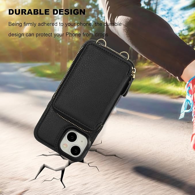 Bocasal RFID Blocking Wallet Case for iPhone 15, Adjustable Crossbody Zipper Purse Case Card Holder with Kickstand Detachable Wrist Strap, PU Leather Flip Folio Case 6.1 Inch 5G (Black)
