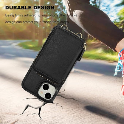 Bocasal RFID Blocking Wallet Case for iPhone 15, Adjustable Crossbody Zipper Purse Case Card Holder with Kickstand Detachable Wrist Strap, PU Leather Flip Folio Case 6.1 Inch 5G (Black)