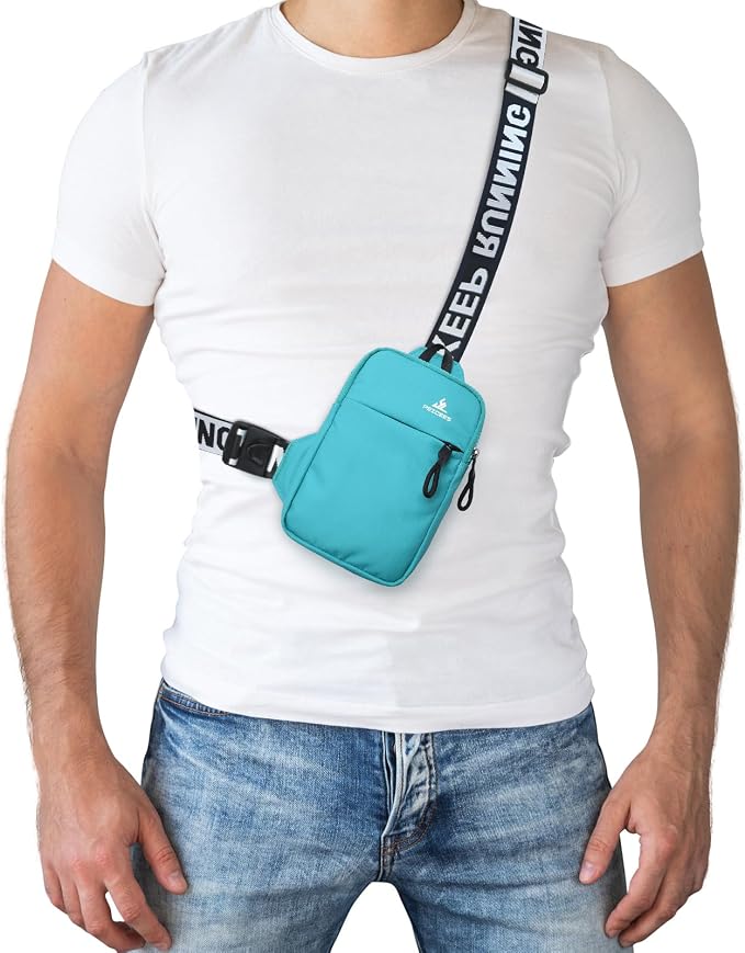 Peicees Mini Crossbody Sling Bag Chest Bag Dual Pocket Water Resistant Fanny Pack Running Phone Holder for Men Women Workout Travel, Lake Blue