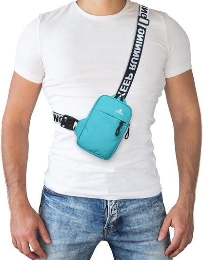 Peicees Mini Crossbody Sling Bag Chest Bag Dual Pocket Water Resistant Fanny Pack Running Phone Holder for Men Women Workout Travel, Lake Blue