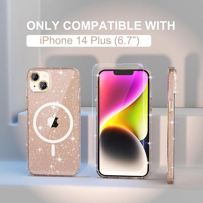 Choiche Magnetic Case for iPhone 14 Plus, Women Clear Glitter Bling Sparkly Case, [2xDiamond Camera Lens Protectors] [2xTempered Glass Screen Protectors] [Compatible MagSafe] (Glitter Gold)