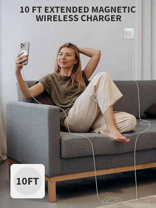 Magnetic Wireless Charger 10FT Fast Apple Mag-Safe Charger Magnet Charging Pad iPhone Mag Safe Charging for iPhone 17Pro Max/16 Pro Max/16Pro/16/iPhone 15Pro Max/15 Plus/14/13/12/AirPods 3/2/Pro/Pro 2