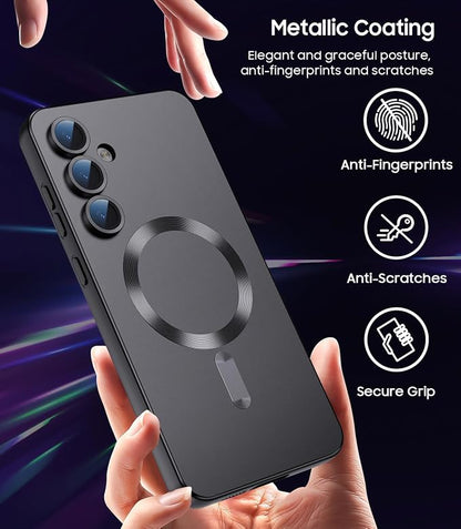 Magnetic for Samsung Galaxy S25 Case [Compatible with MagSafe][Built-in Camera Lens Protector] Slim Soft Silicone Bumper Shockproof Metallic Luster Phone Shell (Black)
