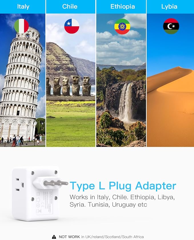One Beat 2 Pack Italy Travel Plug Adapter, Type L Italy Power Adapter with 3 Outlets 3 USB Ports(2 USB C), 6 in 1 Travel Outlet Adaptor, 3 Prong Grounded Plug for USA to Italy, Chile, Uruguay