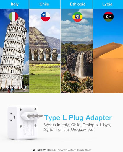 One Beat 2 Pack Italy Travel Plug Adapter, Type L Italy Power Adapter with 3 Outlets 3 USB Ports(2 USB C), 6 in 1 Travel Outlet Adaptor, 3 Prong Grounded Plug for USA to Italy, Chile, Uruguay