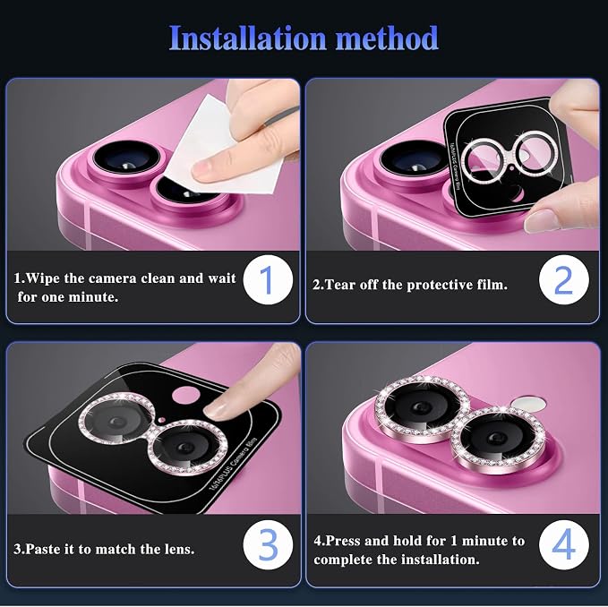 ShinKin Camera Lens Protector for iPhone 16/iPhone 16 Plus, Bling Glitter Camera Cover, 9H Tempered Glass Individual Metal Ring Camera Protector for iPhone 16/iPhone 16 Plus (Diamond - Pink)