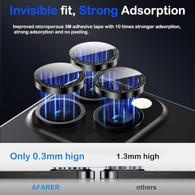 AFARER Camera Lens Protector for iPhone 13Pro/13 Pro Max, 9H Tempered Glass,Ultra-tough HD Individual,Anti - Scratch [Not Easy to Break][Strong Adsorption][Case-Friendly] Diamond - Glitter (Glitter-Blue)