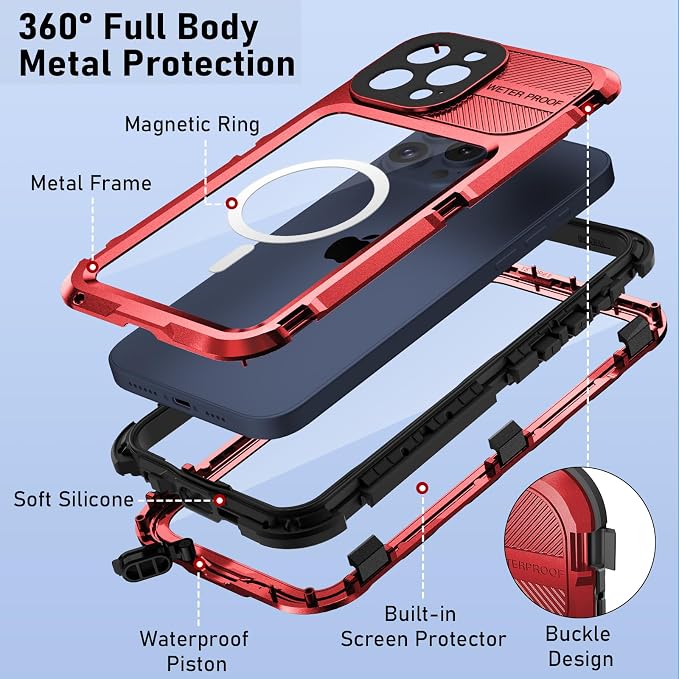 WIFORT for iPhone 15 Pro Waterproof Case - Metal Heavy Duty Full Body Protective Cover Built-in Screen Protector, IP68 Water Proof Military Grade Shockproof Rugged Drop Defender Phone case 6.1" Red